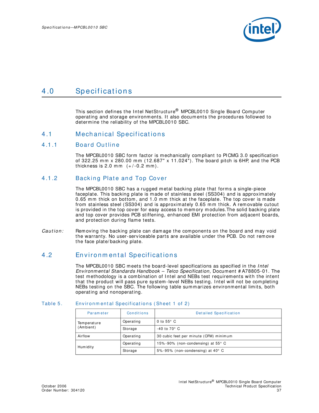 Intel MPCBL0010 Mechanical Specifications, Environmental Specifications, Board Outline, Backing Plate and Top Cover 