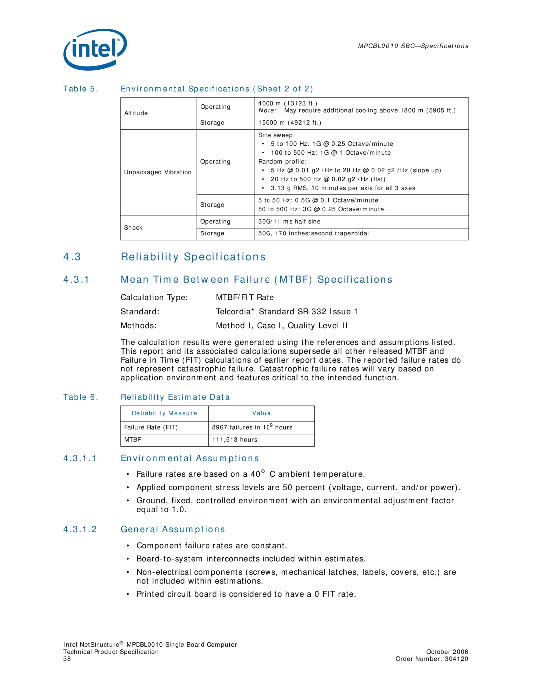 Intel Intel NetStructure Single Board Computer Reliability Specifications, Mean Time Between Failure Mtbf Specifications 