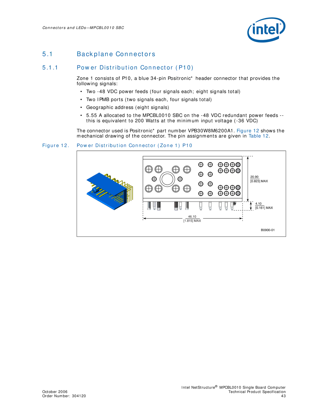 Intel MPCBL0010, Intel NetStructure Single Board Computer manual Backplane Connectors, Power Distribution Connector P10 