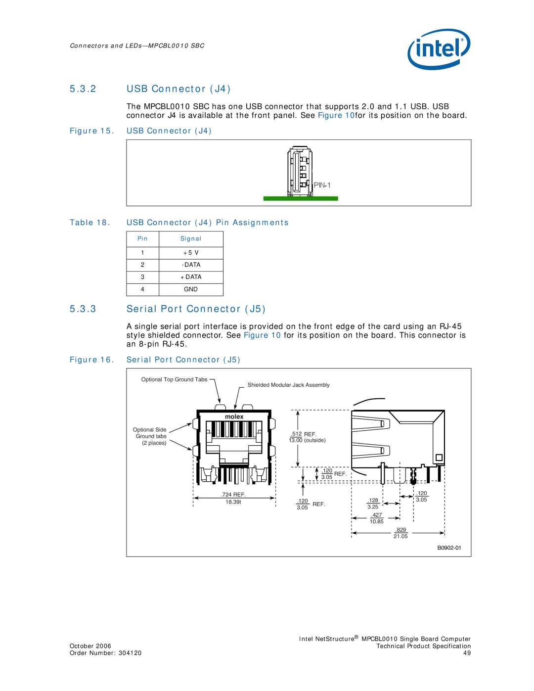 Intel MPCBL0010, Intel NetStructure Single Board Computer manual USB Connector J4, Serial Port Connector J5 