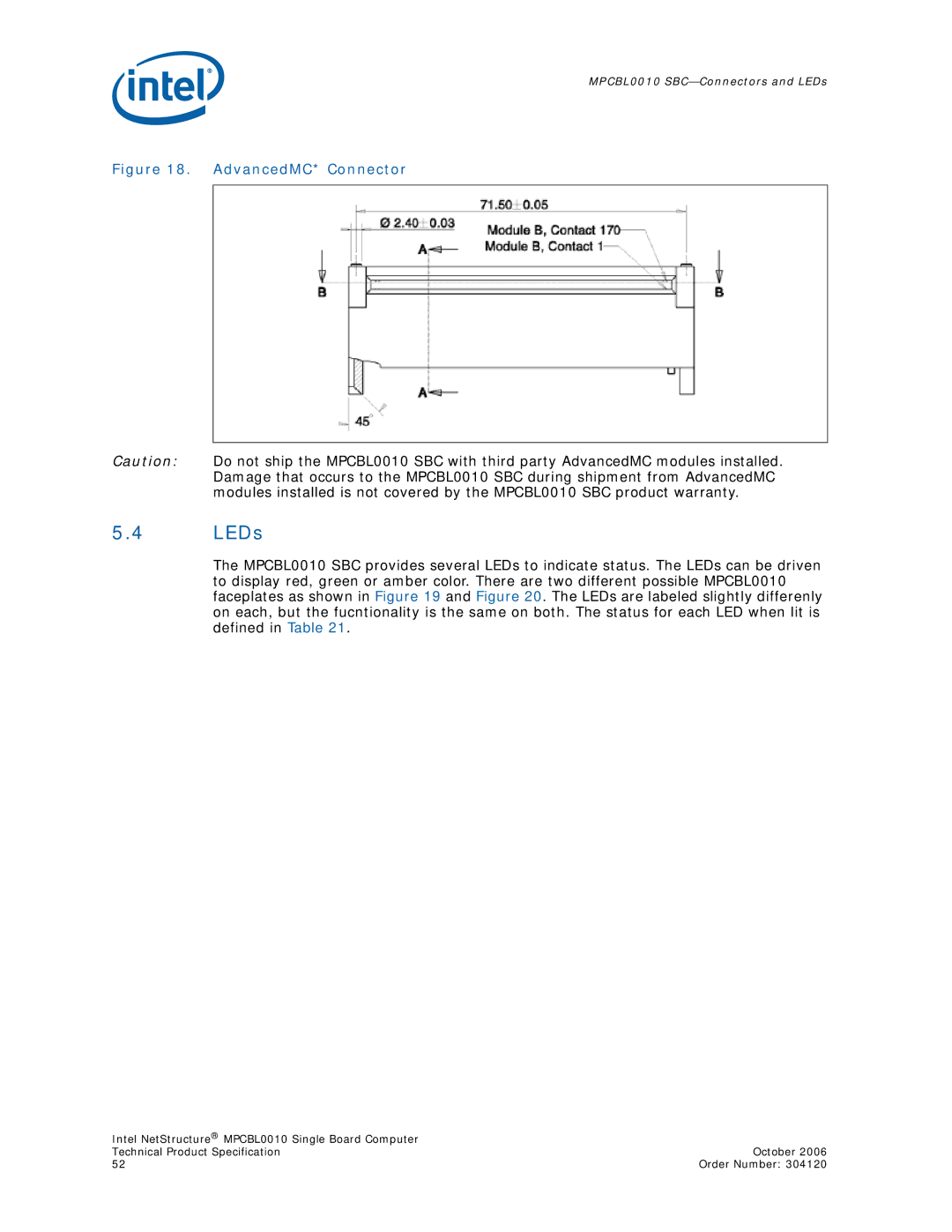 Intel Intel NetStructure Single Board Computer, MPCBL0010 manual LEDs, AdvancedMC* Connector 