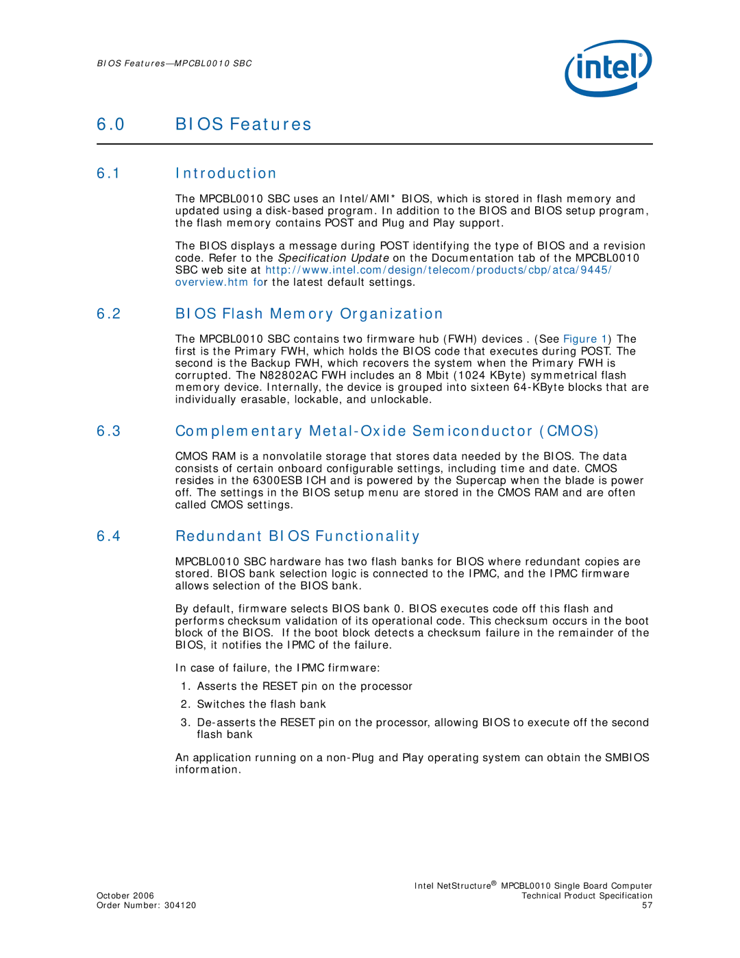 Intel MPCBL0010 Bios Features, Introduction, Bios Flash Memory Organization, Complementary Metal-Oxide Semiconductor Cmos 