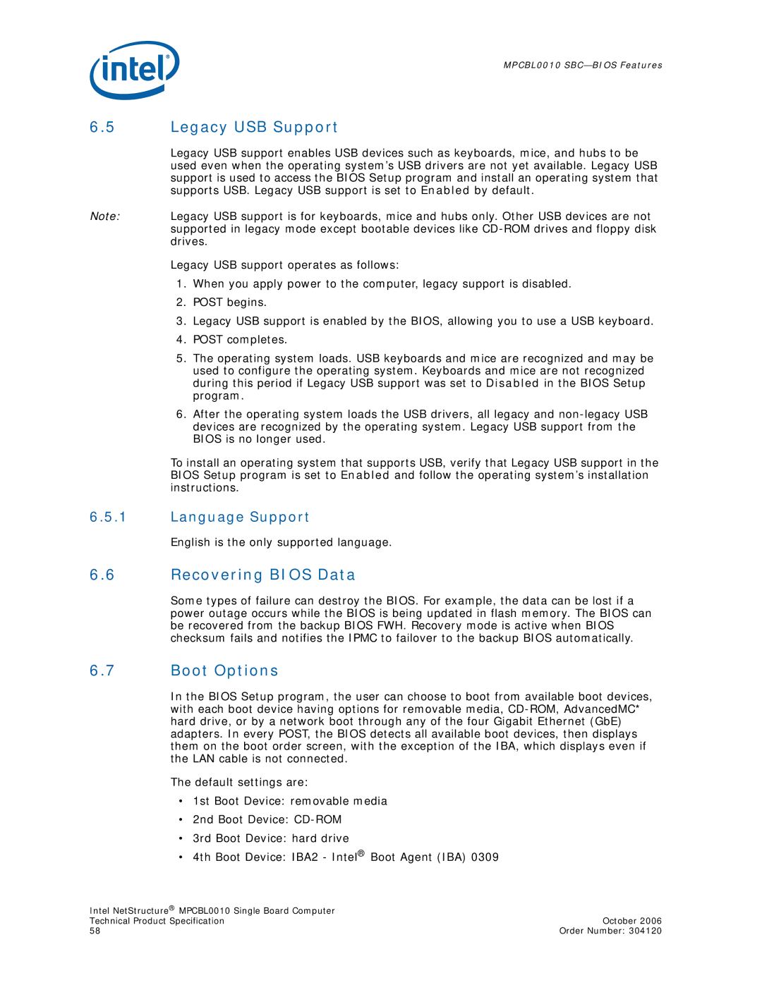 Intel Intel NetStructure Single Board Computer Legacy USB Support, Recovering Bios Data, Boot Options, Language Support 