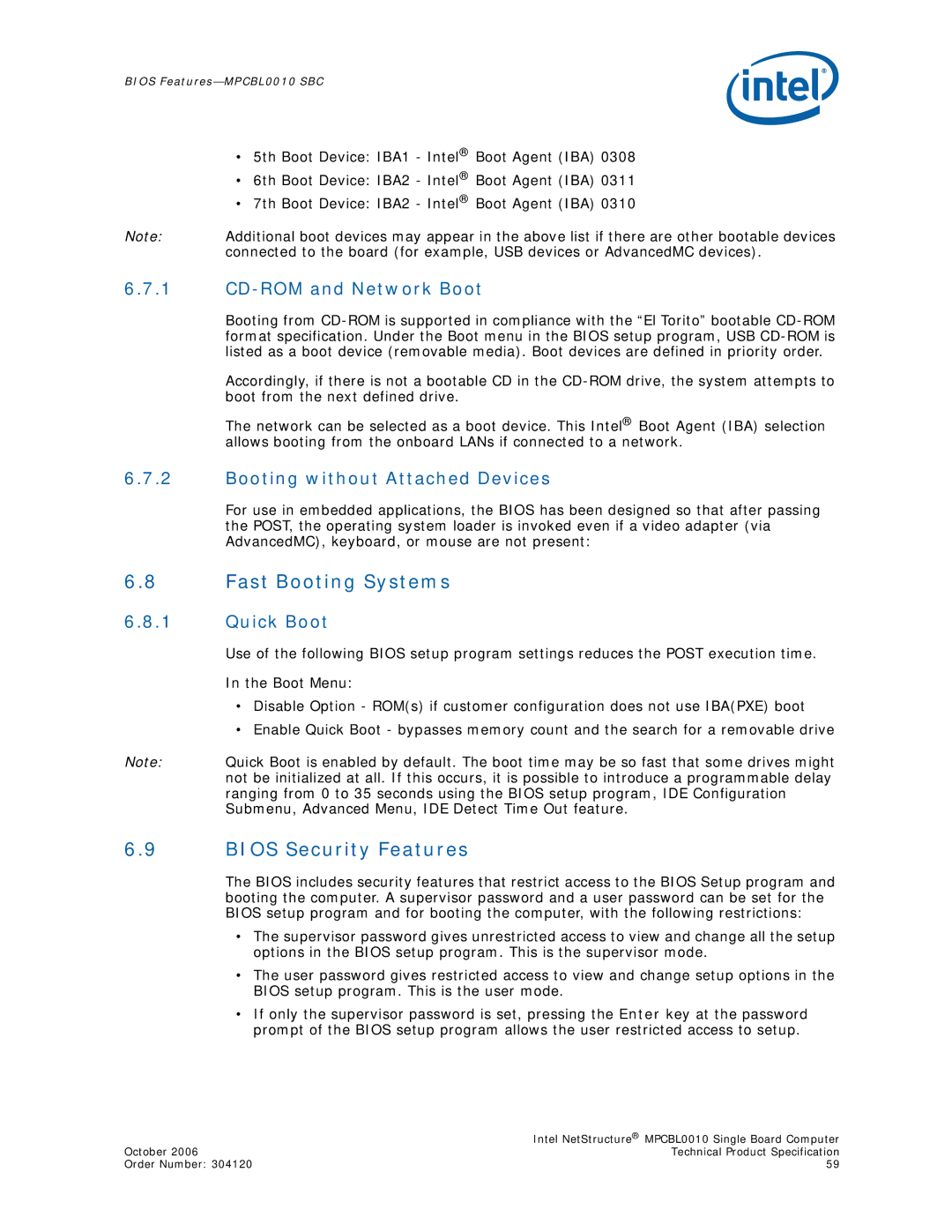 Intel MPCBL0010 Fast Booting Systems, Bios Security Features, CD-ROM and Network Boot, Booting without Attached Devices 