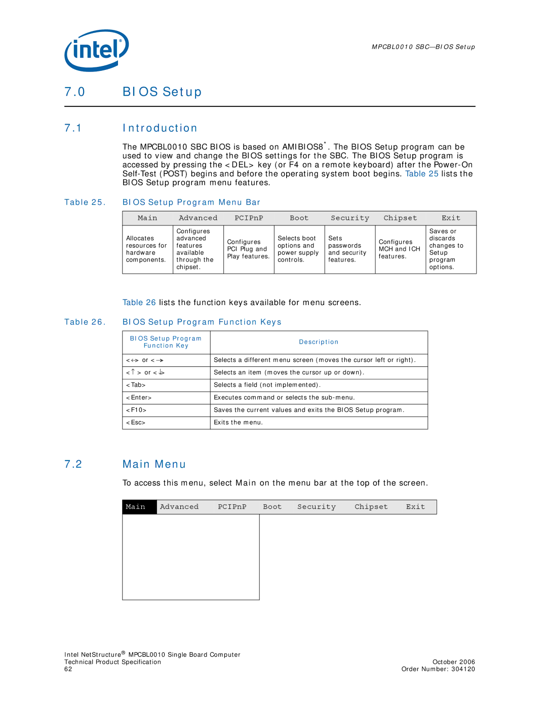 Intel Intel NetStructure Single Board Computer, MPCBL0010 manual Main Menu, Bios Setup Program Menu Bar 