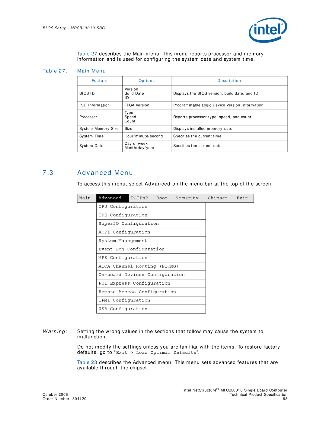 Intel MPCBL0010, Intel NetStructure Single Board Computer Advanced Menu, Main Menu, Feature Options Description, Bios ID 