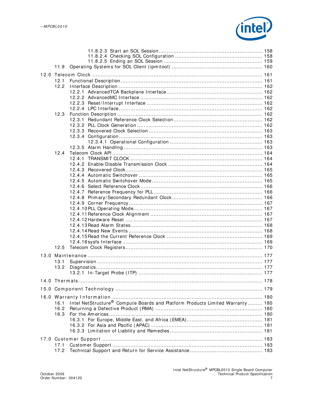 Intel Intel NetStructure Single Board Computer, MPCBL0010 177, 178, Component Technology 179 Warranty Information 180 16.1 