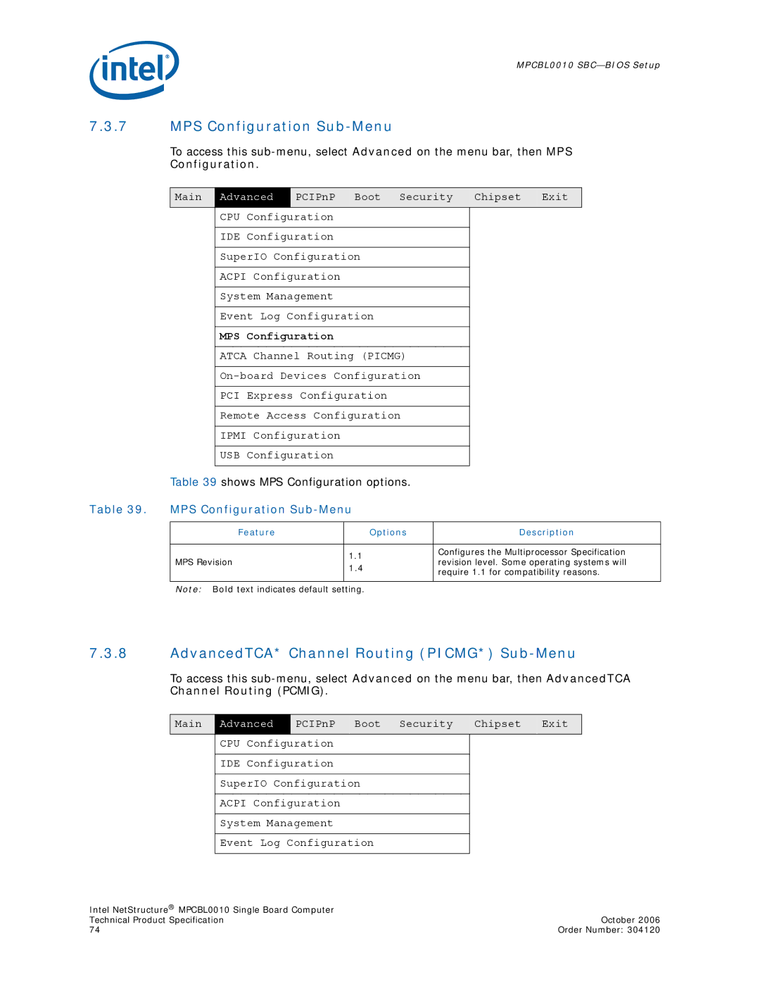 Intel Intel NetStructure Single Board Computer MPS Configuration Sub-Menu, AdvancedTCA* Channel Routing PICMG* Sub-Menu 