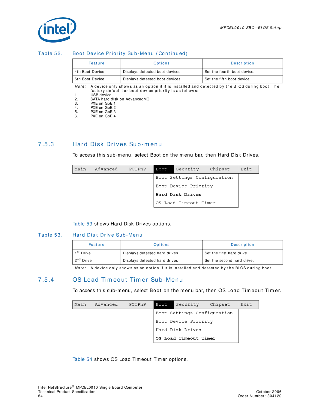 Intel Intel NetStructure Single Board Computer, MPCBL0010 manual Hard Disk Drives Sub-menu, OS Load Timeout Timer Sub-Menu 