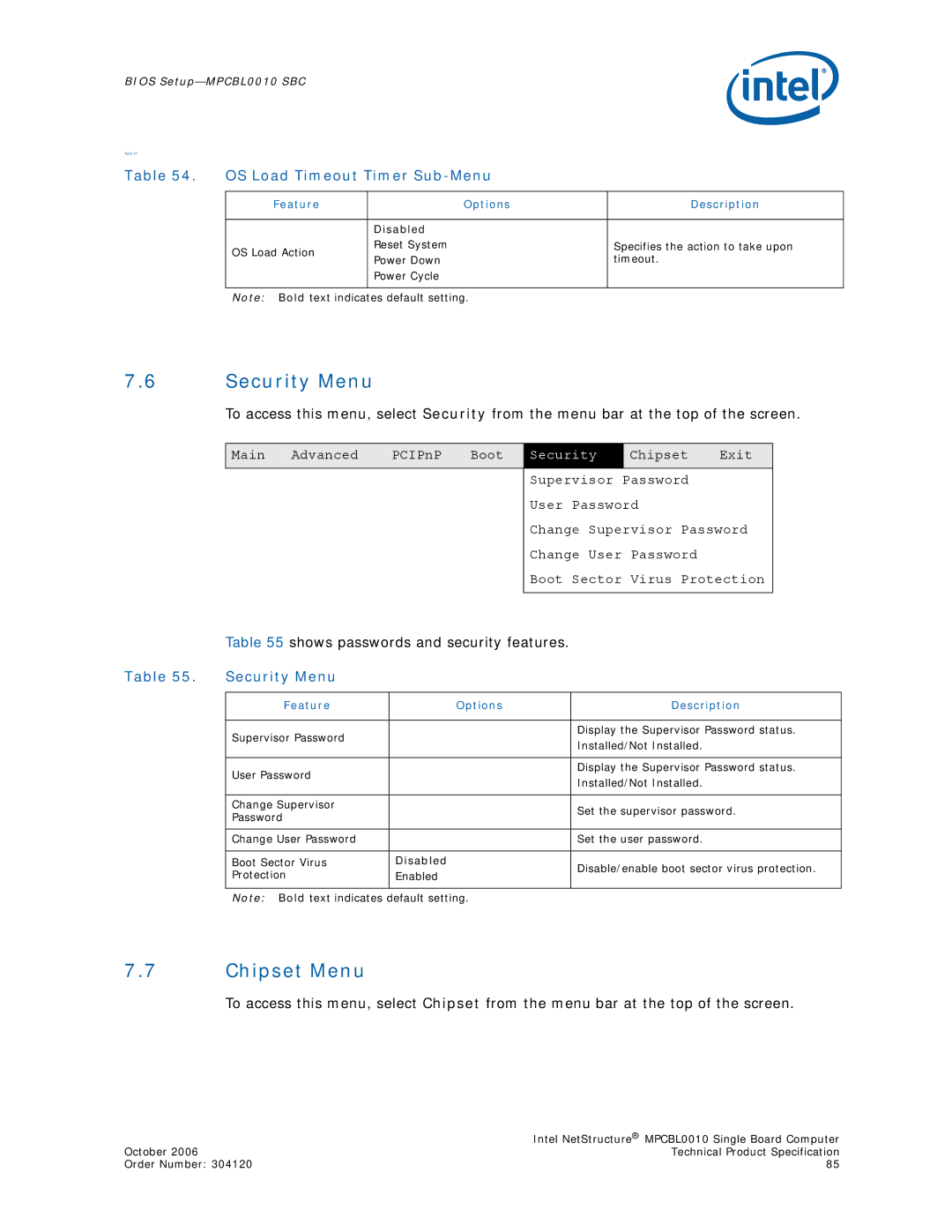 Intel MPCBL0010 manual Security Menu, Chipset Menu, OS Load Timeout Timer Sub-Menu, Shows passwords and security features 