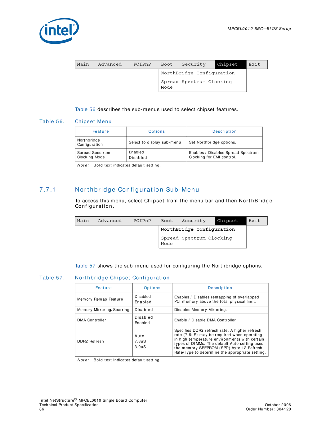 Intel Intel NetStructure Single Board Computer, MPCBL0010 manual Northbridge Configuration Sub-Menu, Chipset Menu 