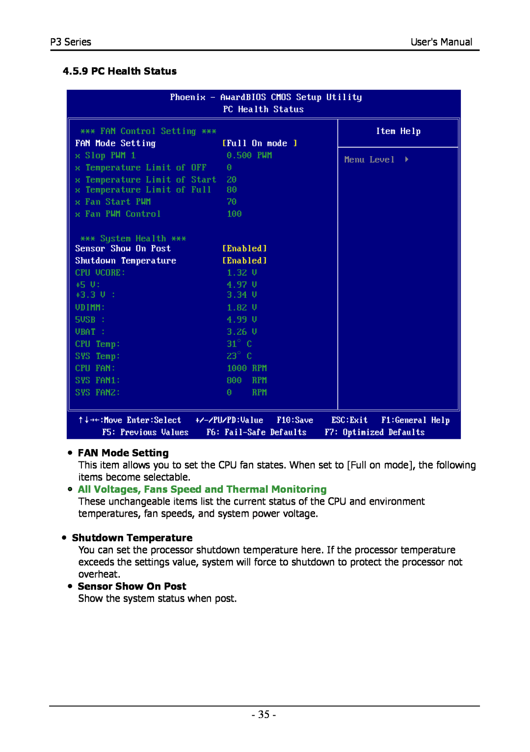 Intel 88ENEP3S00 user manual PC Health Status, ・ FAN Mode Setting, ・ Shutdown Temperature, ・ Sensor Show On Post 