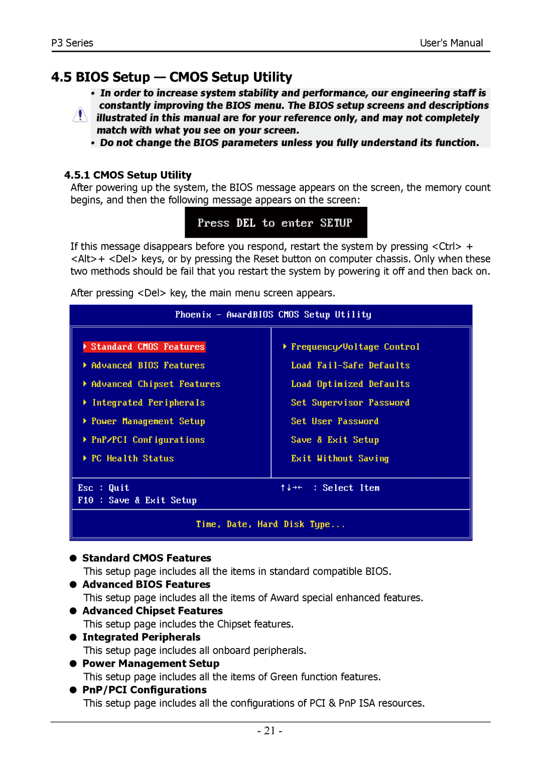 Intel 88ENEP3S00, Intel P35/P31 Socket LGA775 Processor Mainboard user manual Bios Setup Cmos Setup Utility 