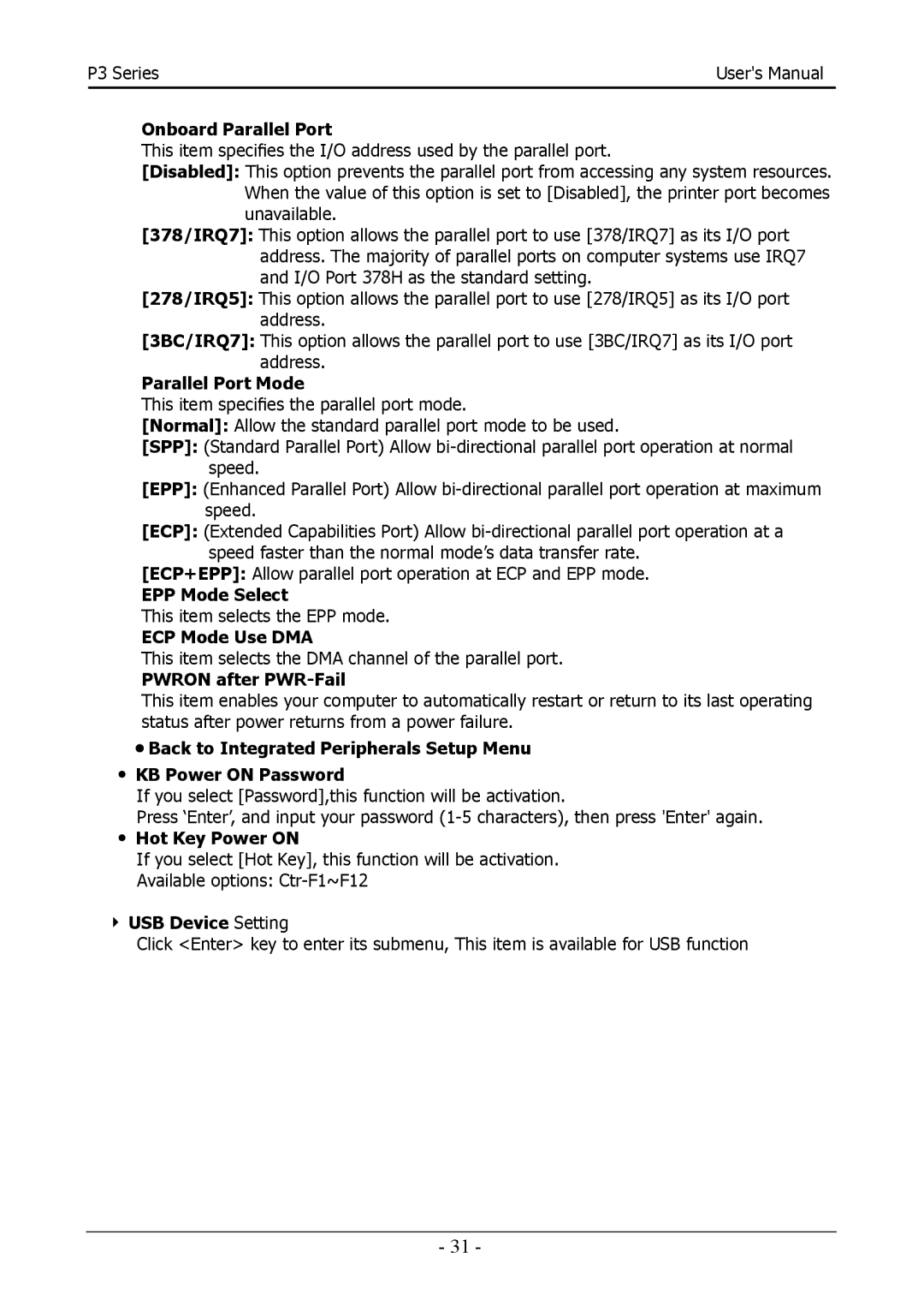 Intel 88ENEP3S00 Onboard Parallel Port, Parallel Port Mode, EPP Mode Select, ECP Mode Use DMA, Pwron after PWR-Fail 