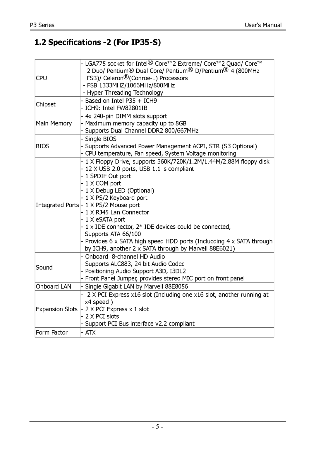 Intel 88ENEP3S00, Intel P35/P31 Socket LGA775 Processor Mainboard user manual Specifications -2 For IP35-S 