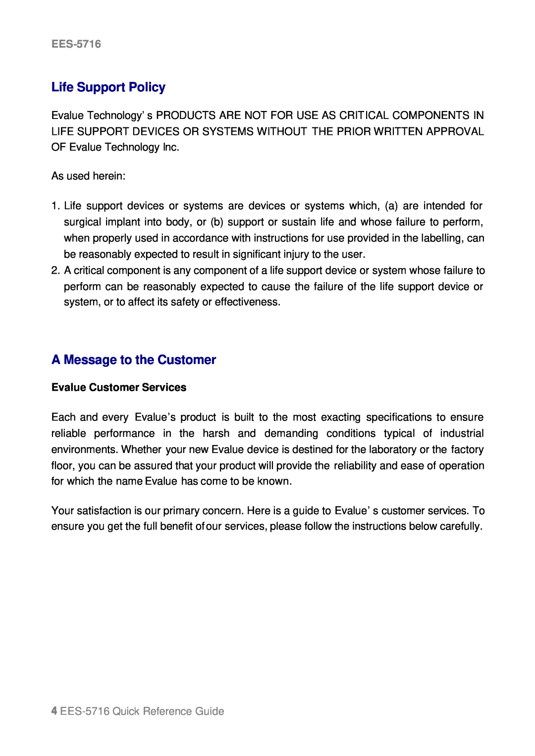 Intel manual Life Support Policy, A Message to the Customer, Evalue Customer Services, EES-5716Quick Reference Guide 