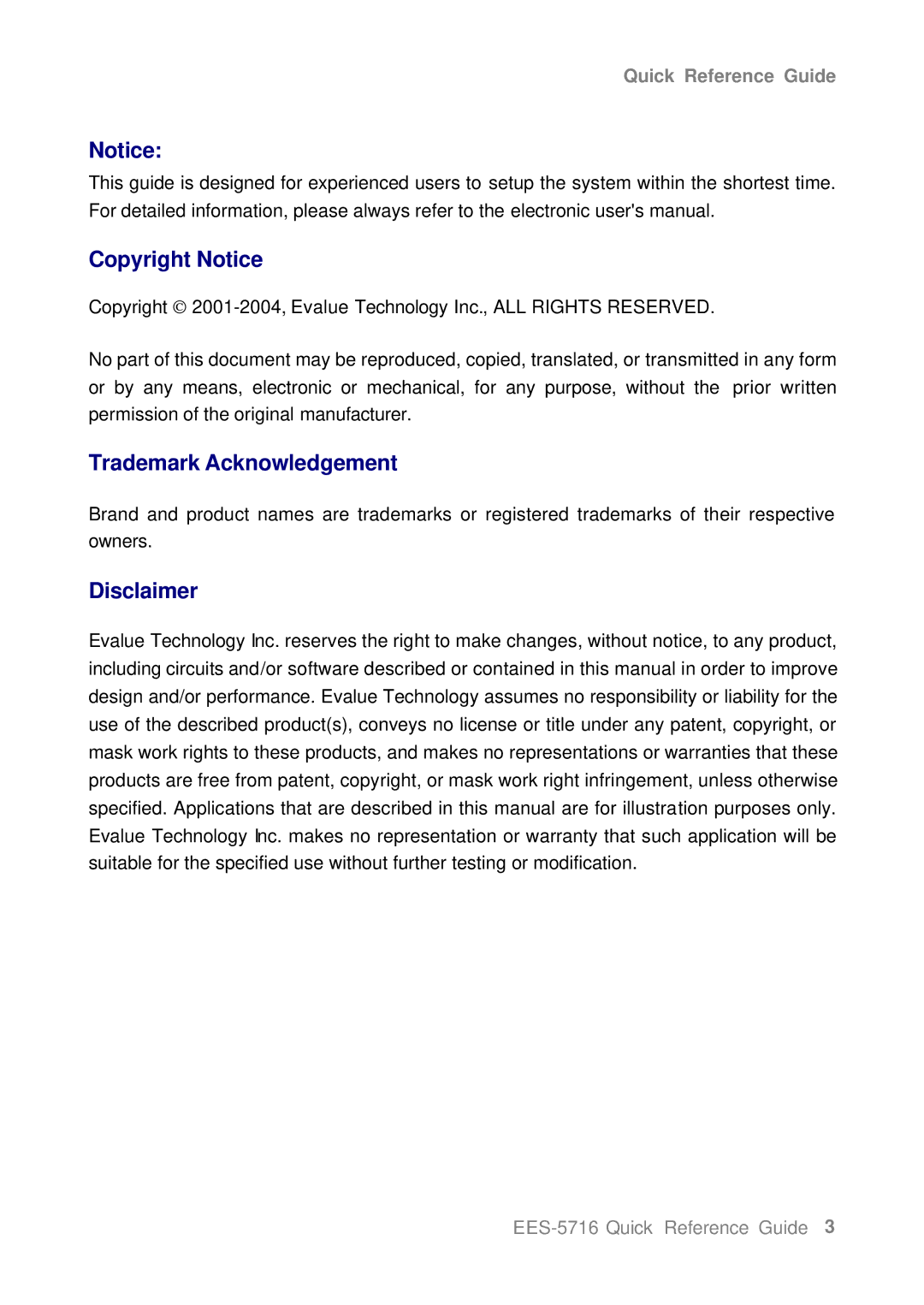 Intel Intel Pentium M/Celeron M Processors Mini PC, EES-5716 manual Copyright Notice, Trademark Acknowledgement, Disclaimer 