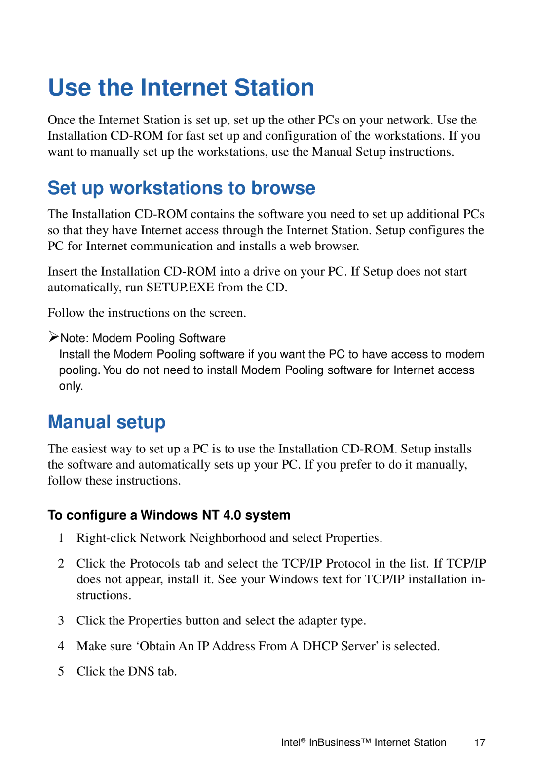 Intel manual Use the Internet Station, Set up workstations to browse, Manual setup, To configure a Windows NT 4.0 system 