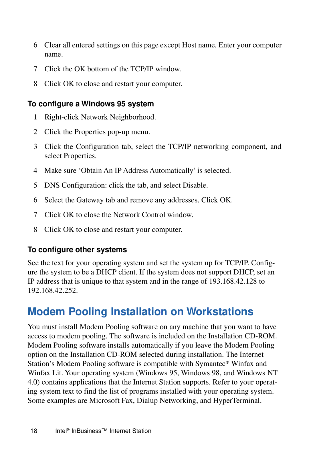 Intel Internet Station manual Modem Pooling Installation on Workstations, To configure a Windows 95 system 