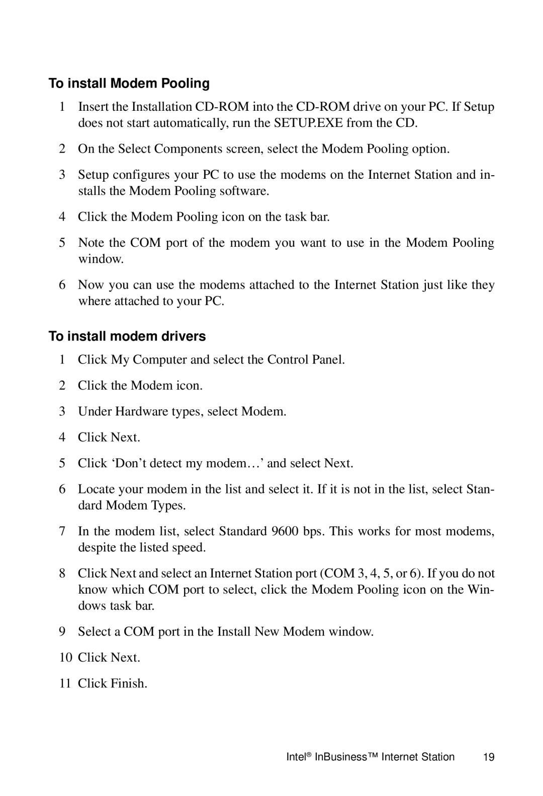 Intel Internet Station manual To install Modem Pooling, To install modem drivers 