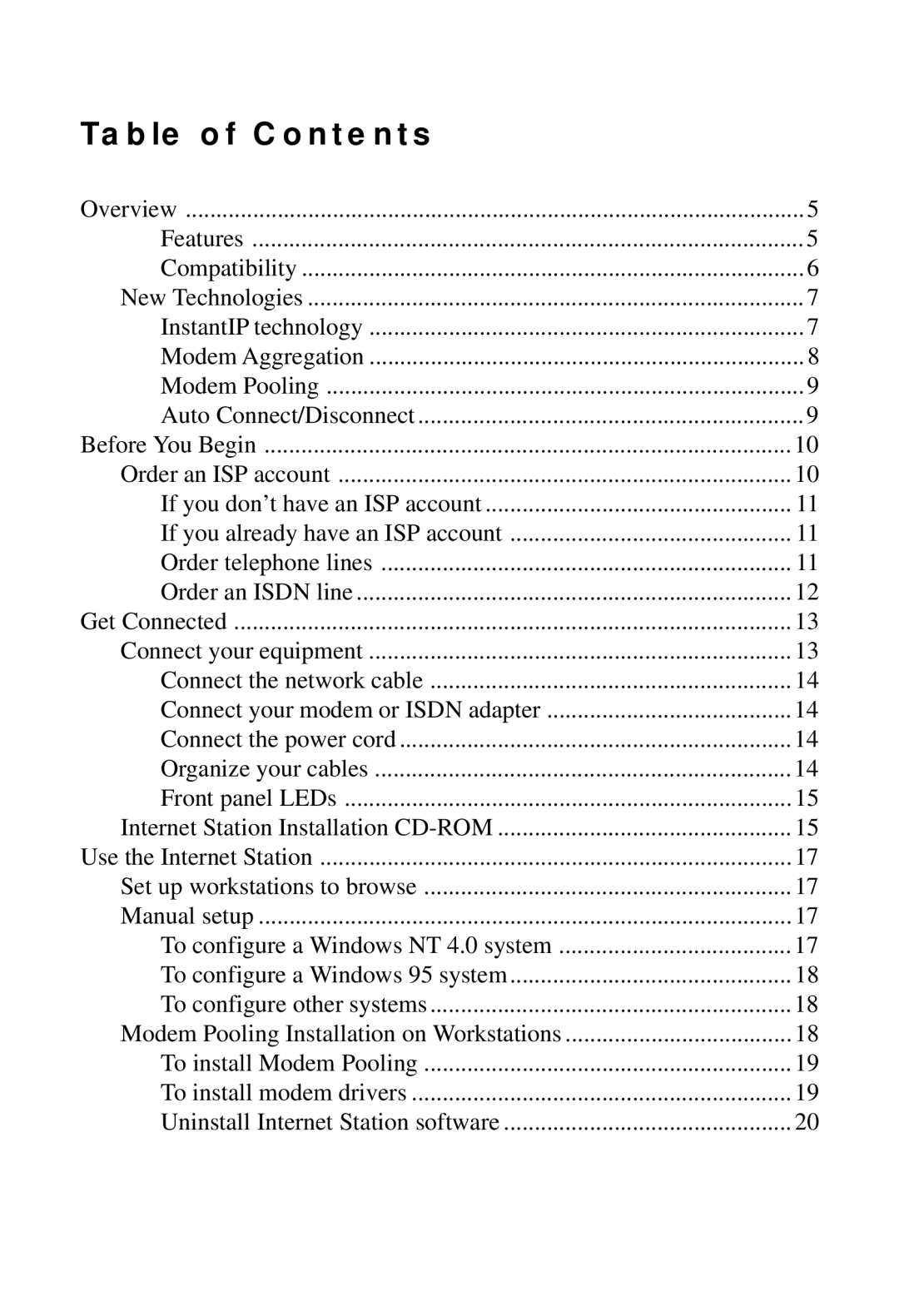 Intel Internet Station manual Table of Contents 