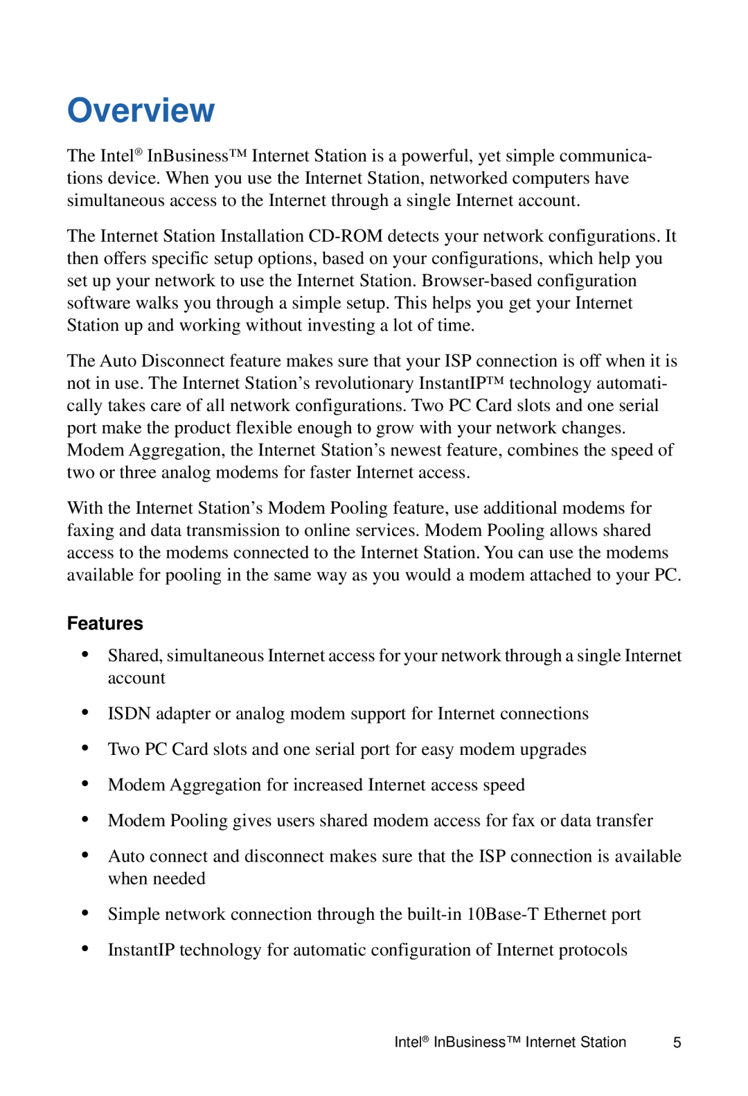 Intel Internet Station manual Overview, Features 