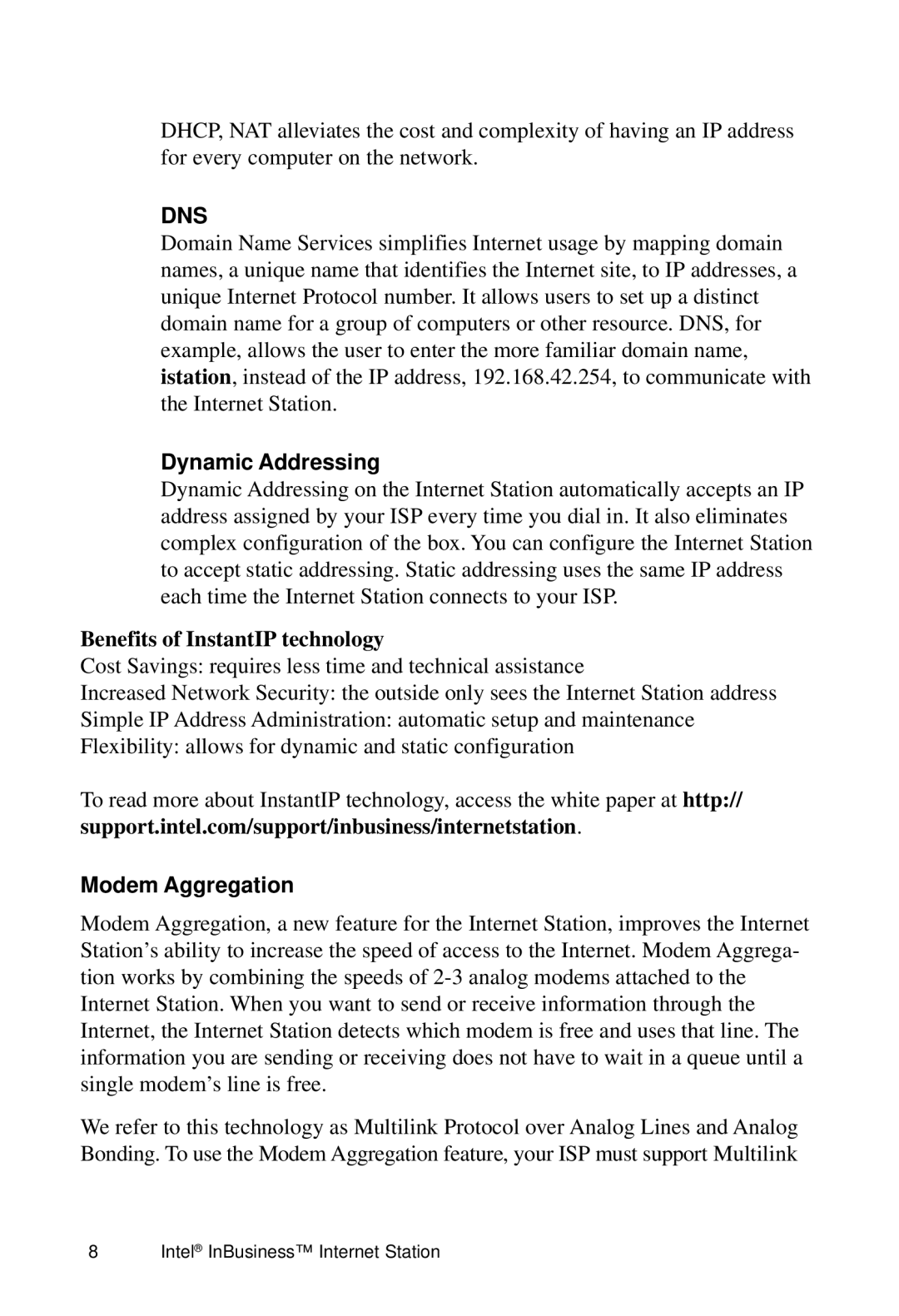 Intel Internet Station manual Dynamic Addressing, Benefits of InstantIP technology, Modem Aggregation 