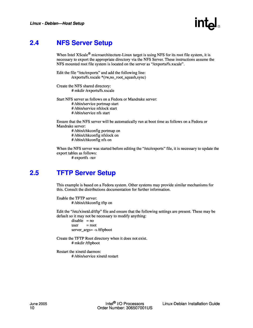 Intel I/O Processor manual 2.4NFS Server Setup, 2.5TFTP Server Setup, Linux - Debian—HostSetup 