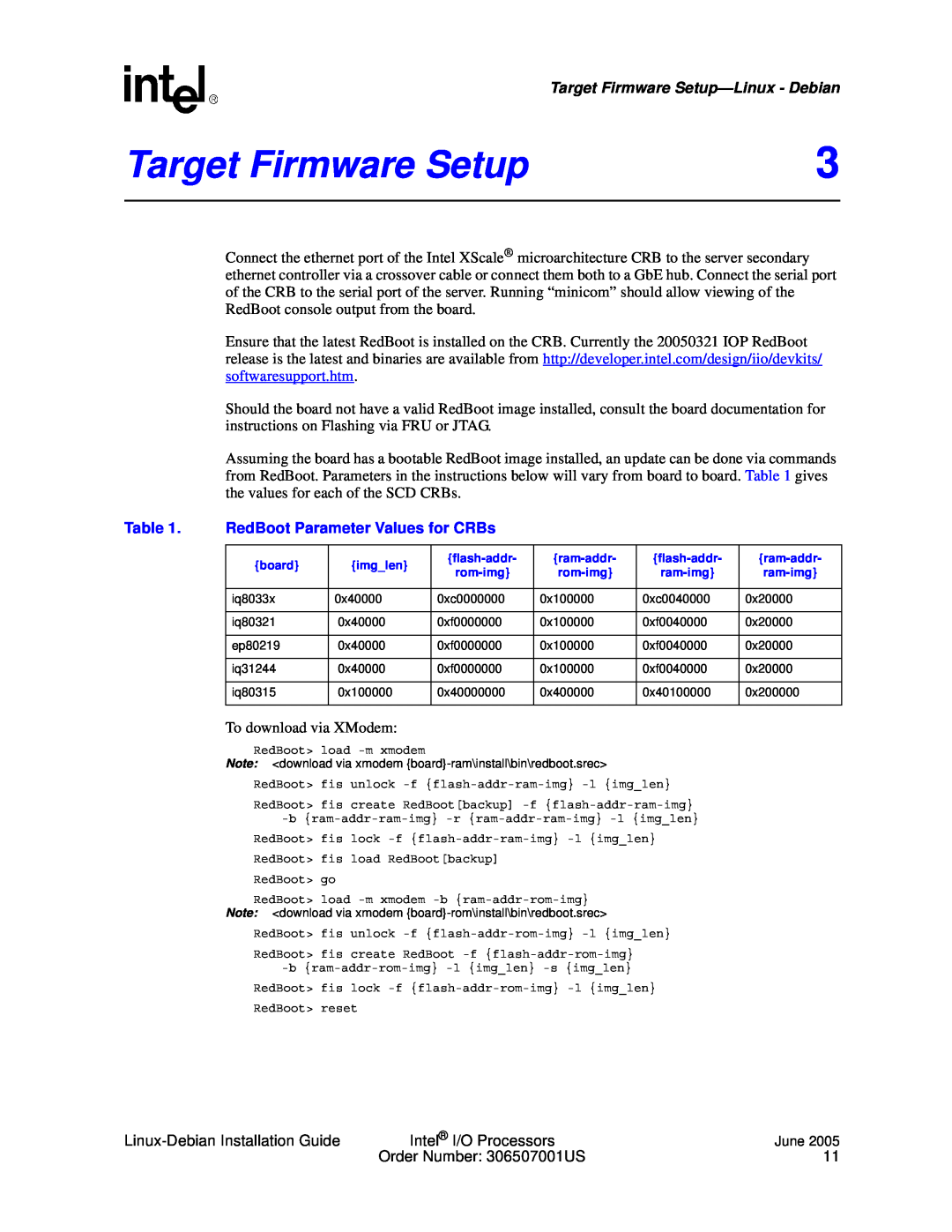Intel I/O Processor manual Target Firmware Setup—Linux- Debian, Table, RedBoot Parameter Values for CRBs 