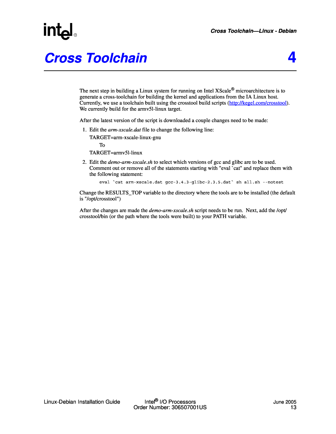 Intel I/O Processor manual Cross Toolchain—Linux- Debian 