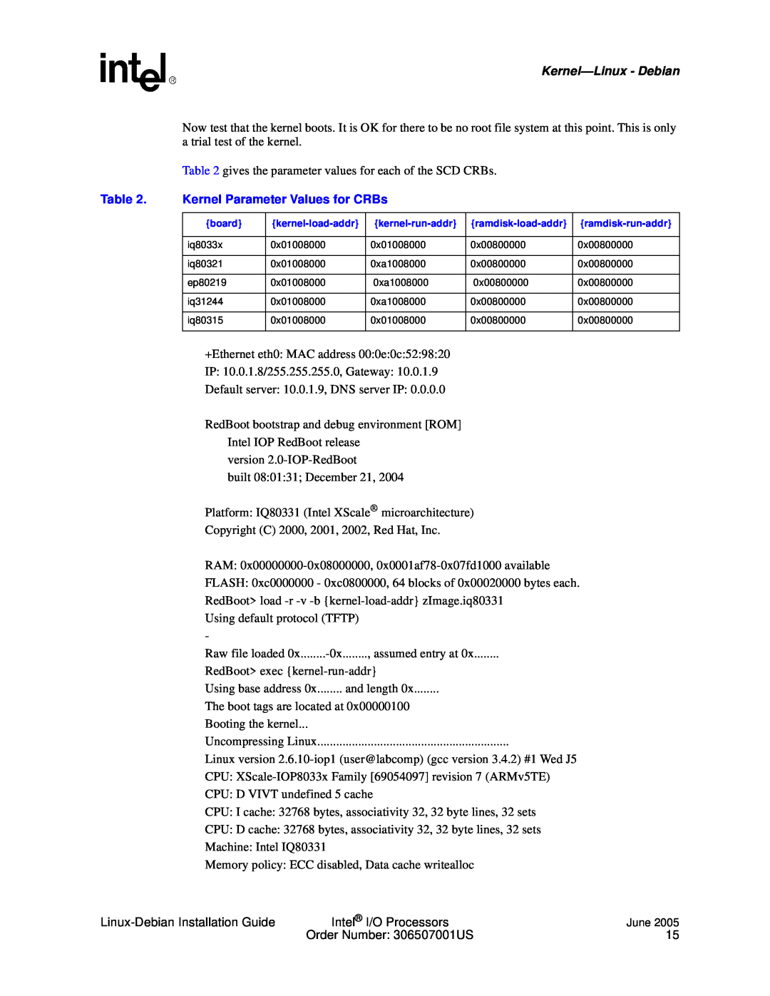 Intel I/O Processor manual Kernel—Linux- Debian, Kernel Parameter Values for CRBs, Table 