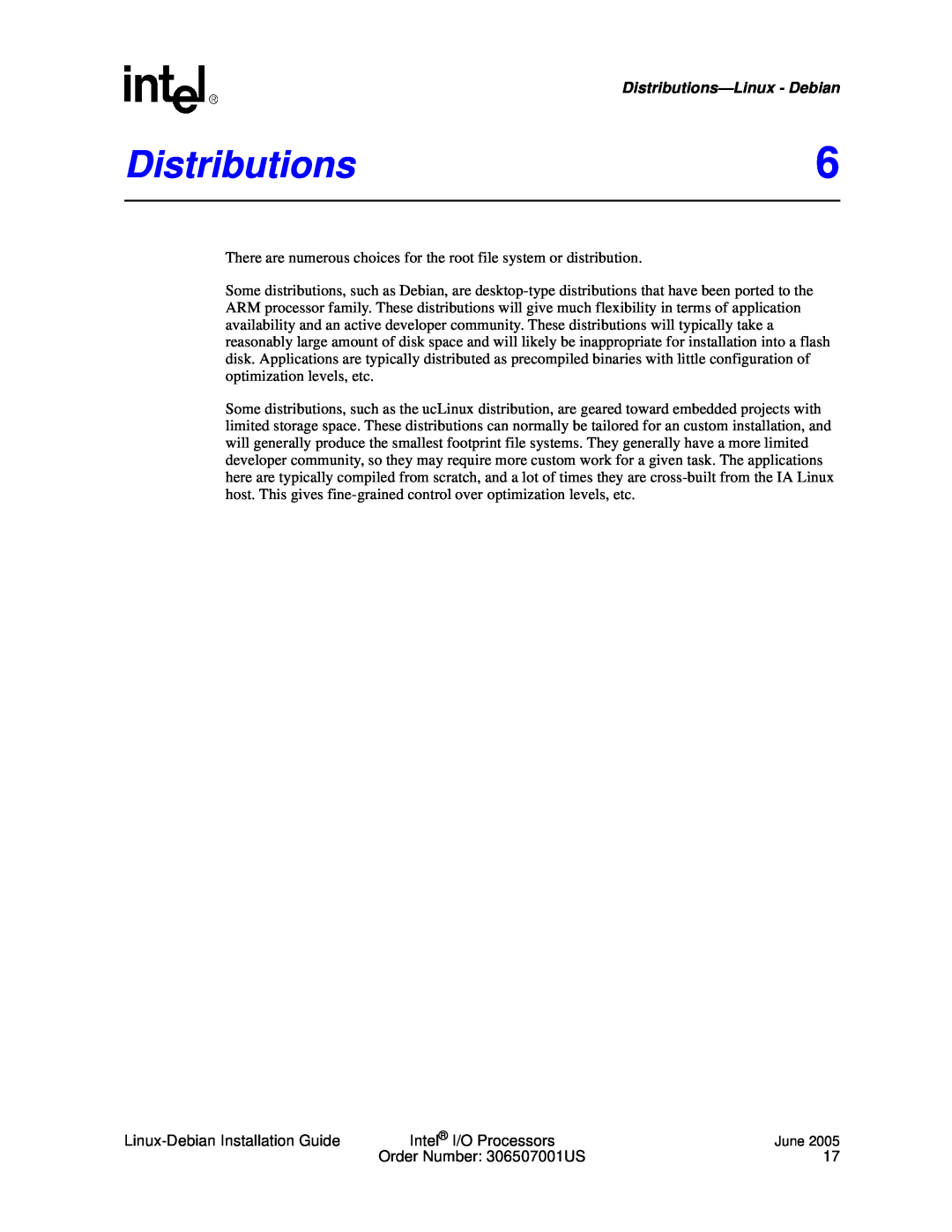 Intel I/O Processor manual Distributions6, Distributions—Linux- Debian 