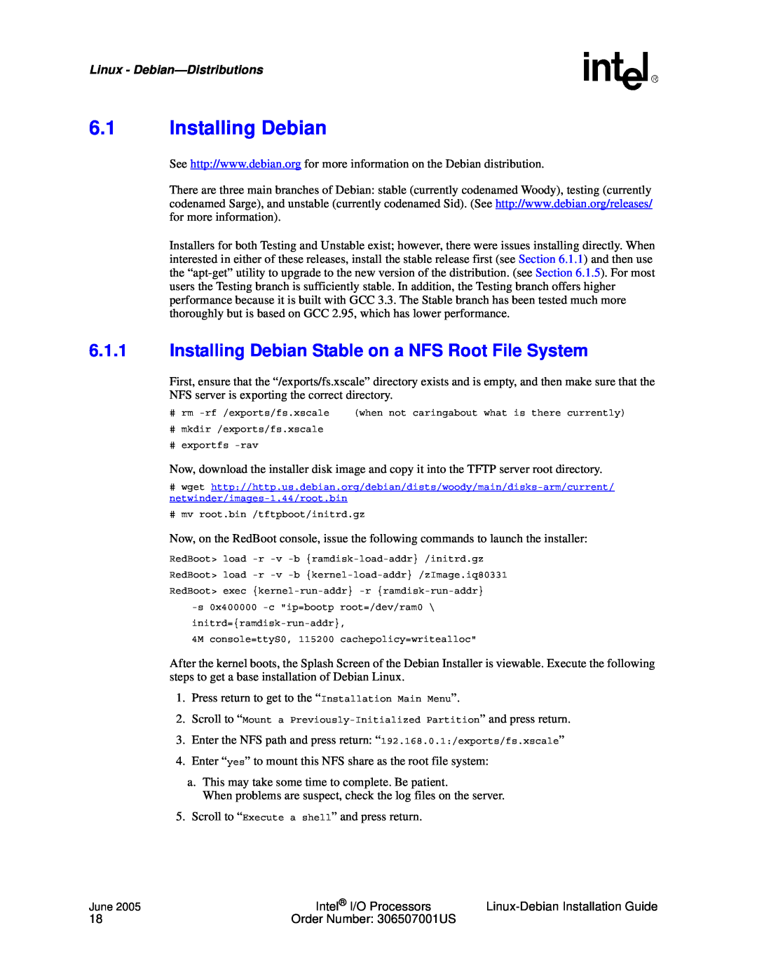 Intel I/O Processor manual 6.1Installing Debian, Linux - Debian—Distributions 
