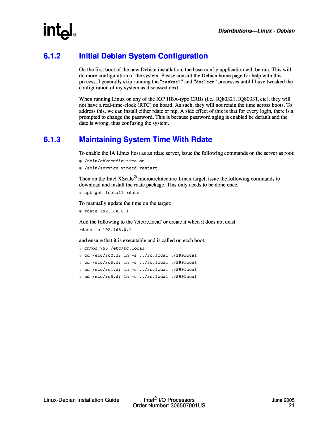 Intel I/O Processor manual 6.1.2Initial Debian System Configuration, 6.1.3Maintaining System Time With Rdate 