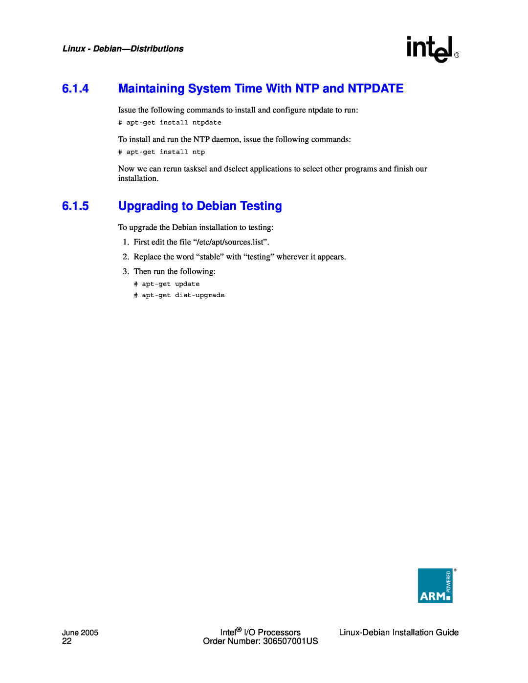 Intel I/O Processor manual 6.1.4Maintaining System Time With NTP and NTPDATE, 6.1.5Upgrading to Debian Testing 
