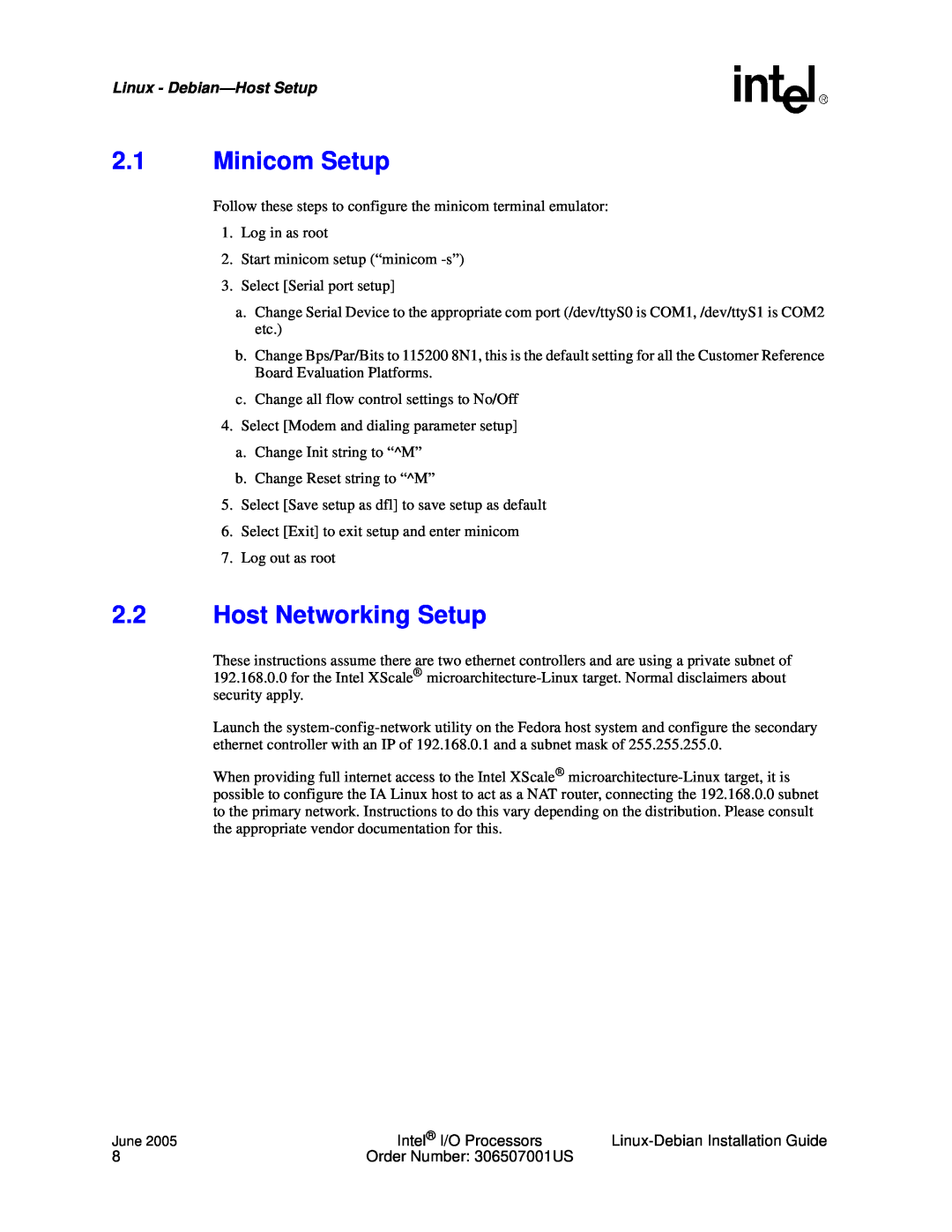 Intel I/O Processor manual 2.1Minicom Setup, 2.2Host Networking Setup, Linux - Debian—HostSetup 