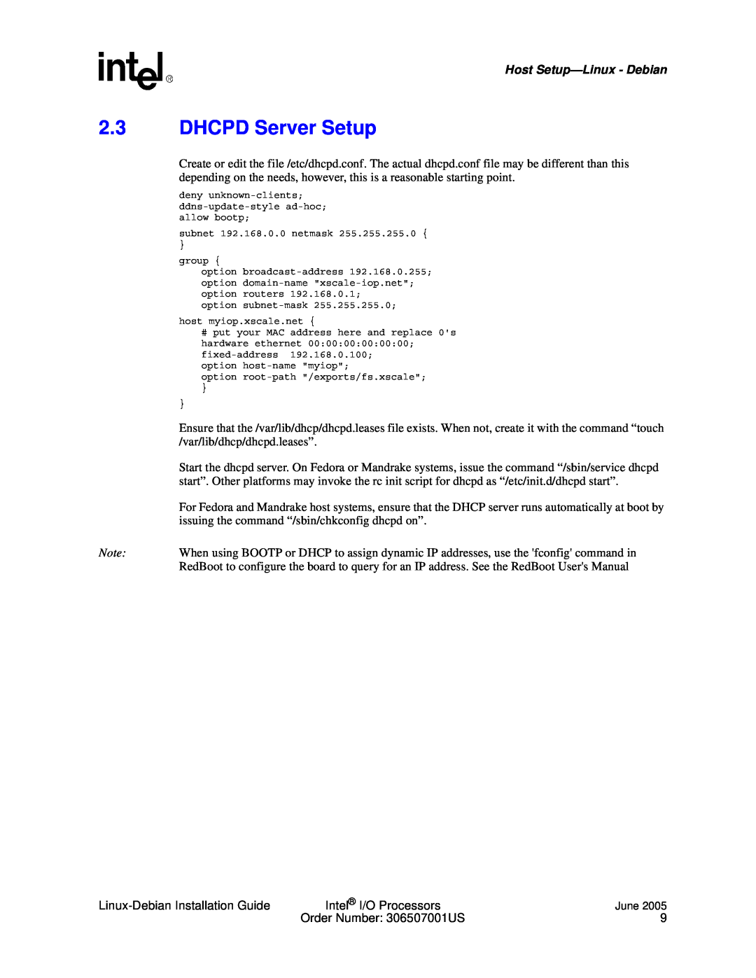 Intel I/O Processor manual 2.3DHCPD Server Setup, Host Setup—Linux- Debian, subnet 192.168.0.0 netmask, group 