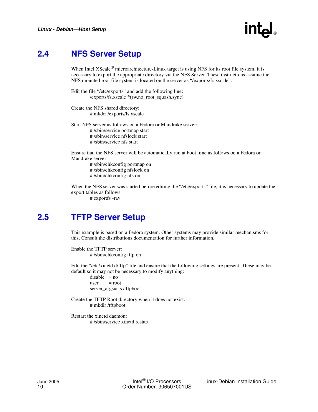 Intel I/O Processor manual NFS Server Setup, Tftp Server Setup 