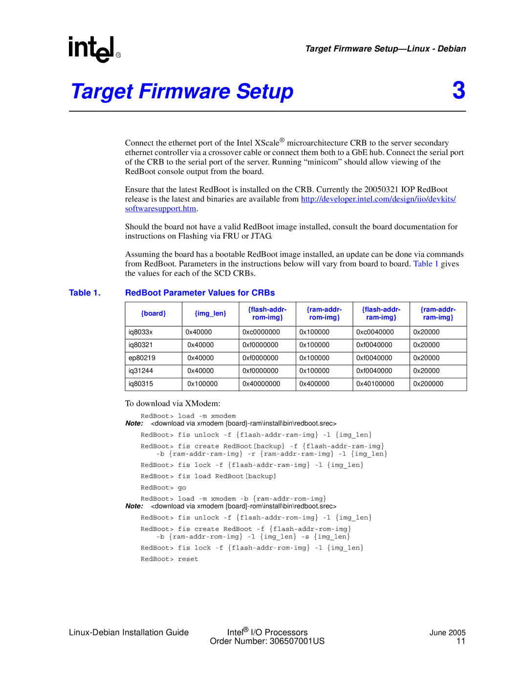 Intel I/O Processor manual Target Firmware Setup, RedBoot Parameter Values for CRBs 