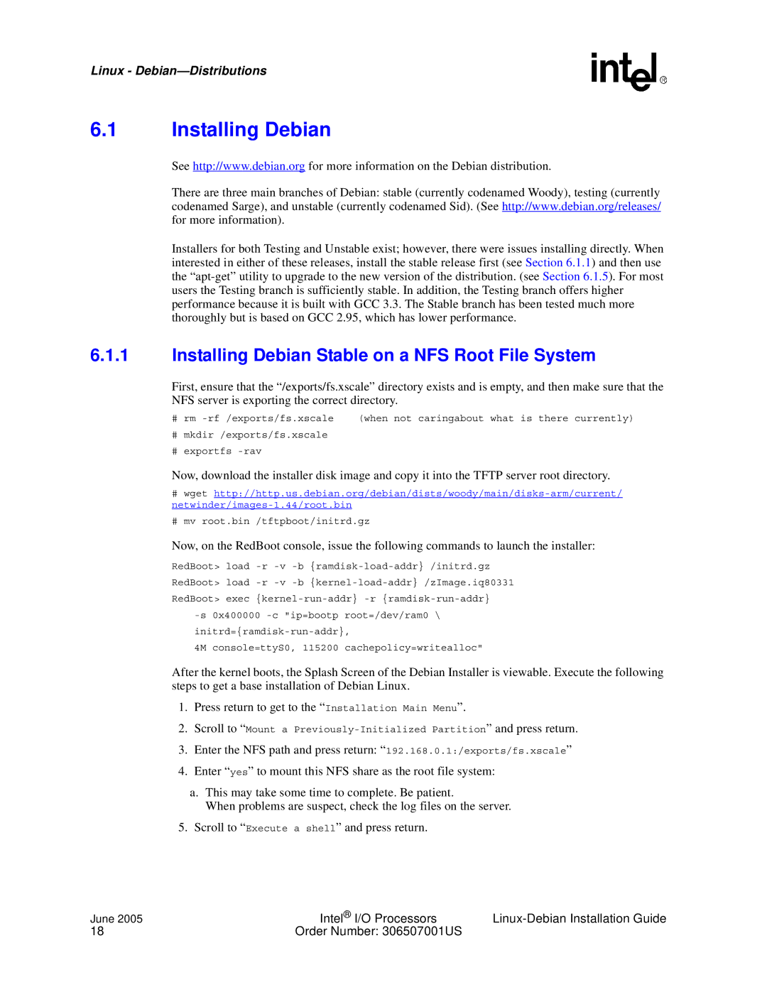 Intel I/O Processor manual Installing Debian Stable on a NFS Root File System 