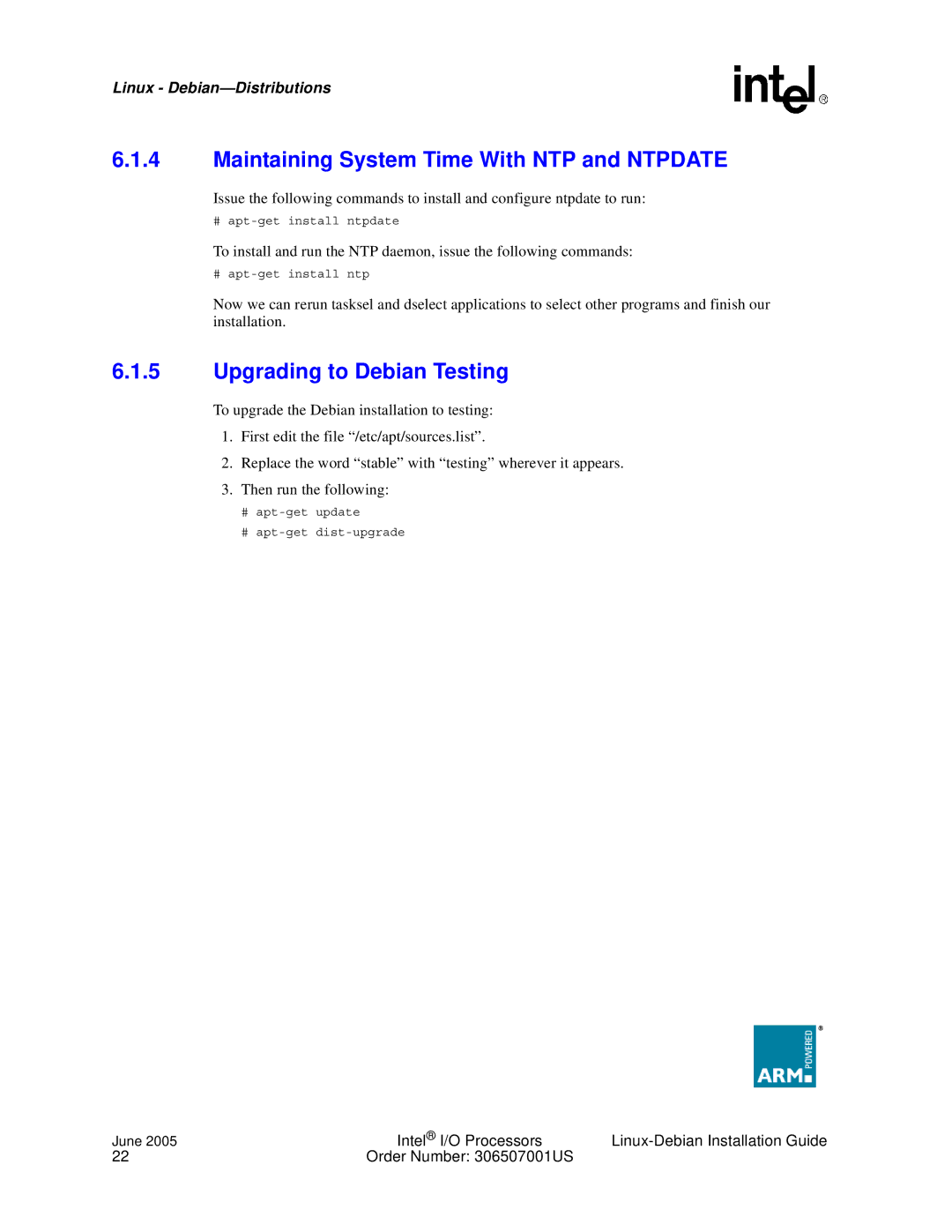 Intel I/O Processor manual Maintaining System Time With NTP and Ntpdate, Upgrading to Debian Testing 