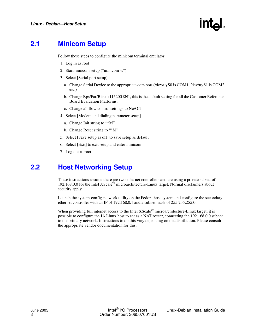 Intel I/O Processor manual Minicom Setup, Host Networking Setup 