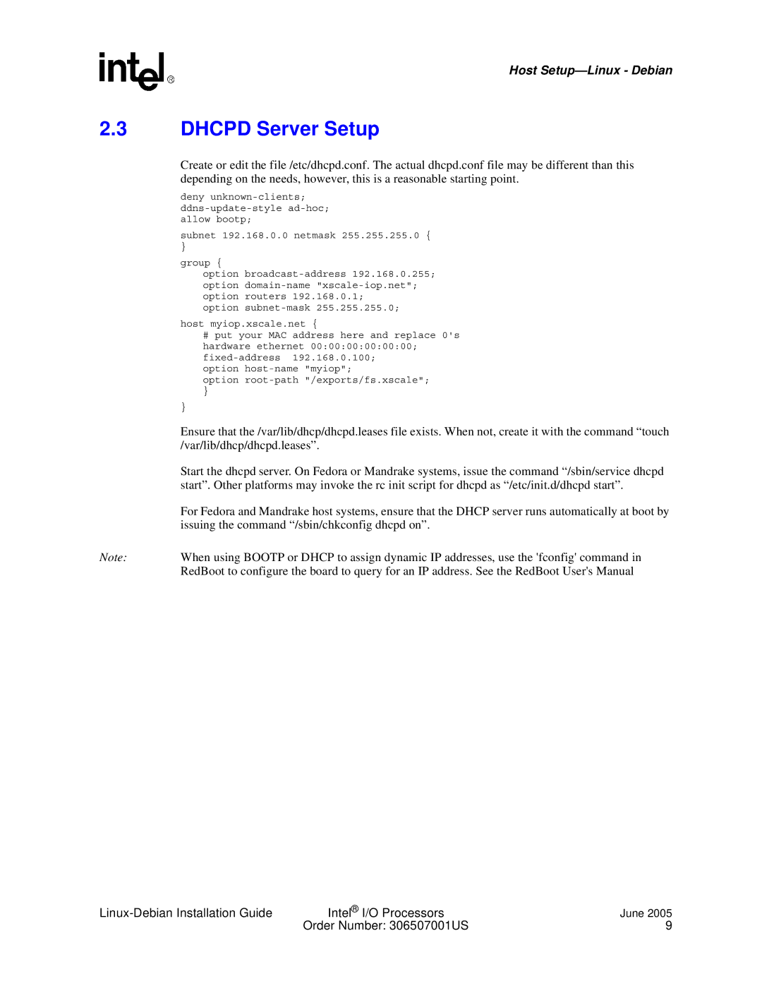 Intel I/O Processor manual Dhcpd Server Setup 