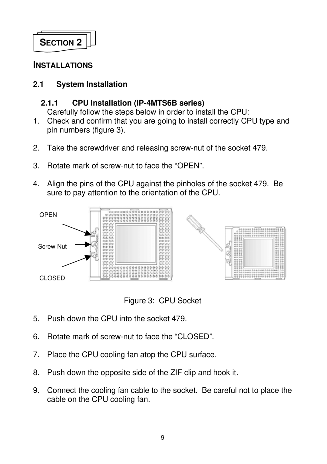 Intel manual Section Installations, System Installation CPU Installation IP-4MTS6B series 