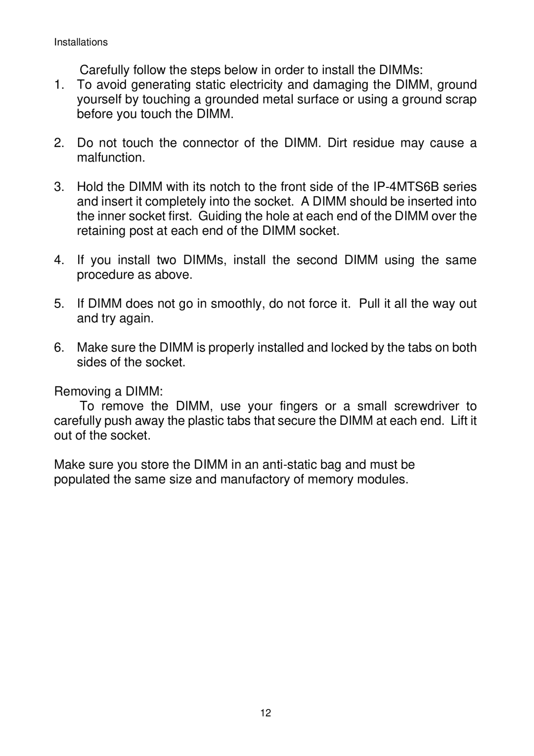 Intel IP-4MTS6B manual Removing a Dimm 