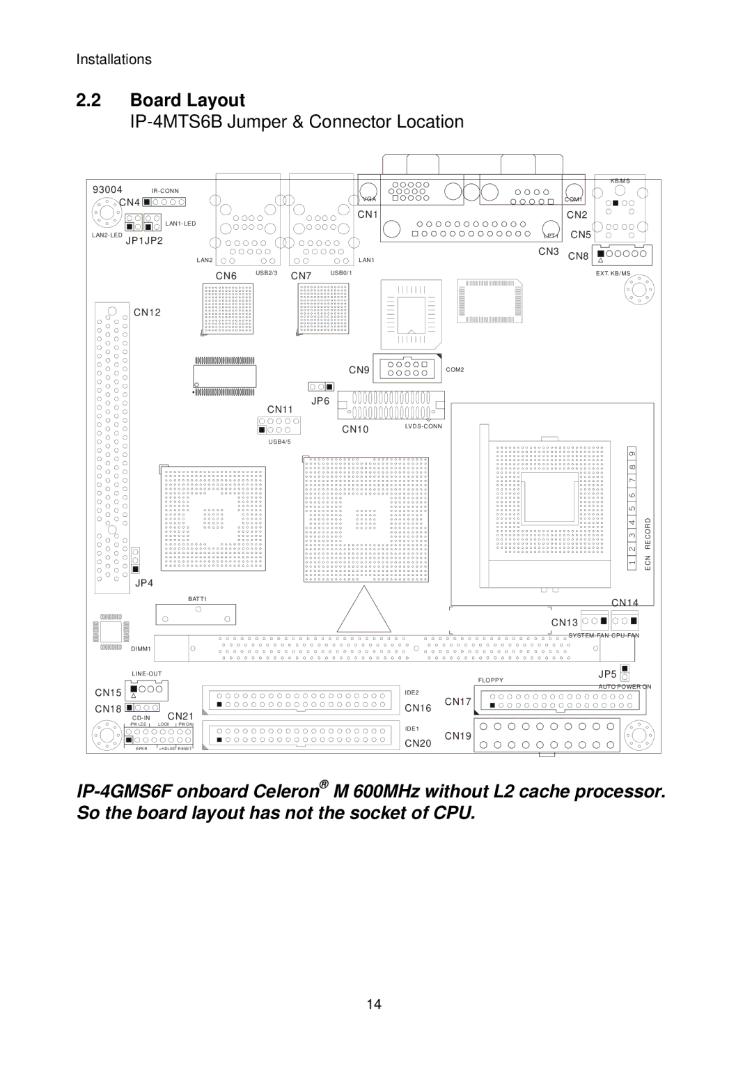 Intel manual Board Layout, IP-4MTS6B Jumper & Connector Location 