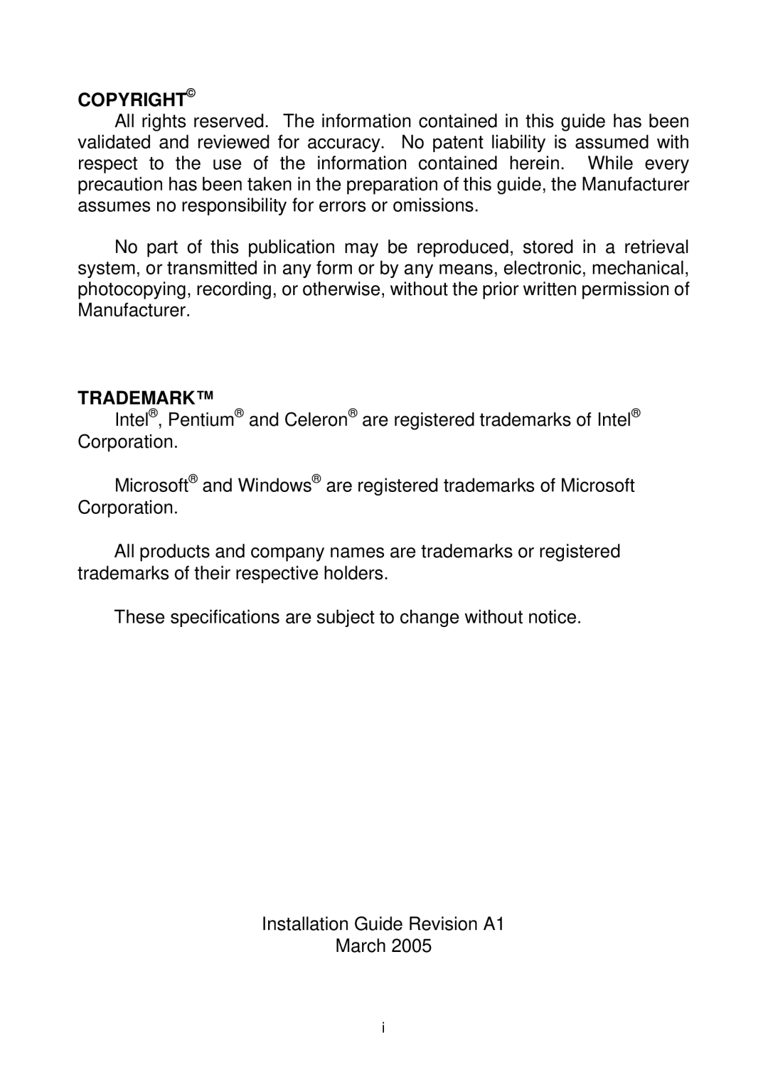 Intel IP-4MTS6B manual Copyright, Trademark 