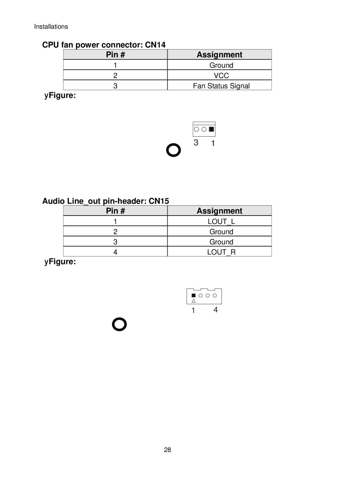 Intel IP-4MTS6B manual  CPU fan power connector CN14 Pin # Assignment,  Audio Lineout pin-header CN15 Pin # Assignment 