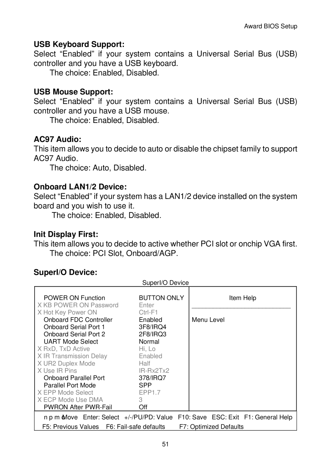 Intel IP-4MTS6B manual USB Keyboard Support, USB Mouse Support, AC97 Audio, Onboard LAN1/2 Device, Init Display First 