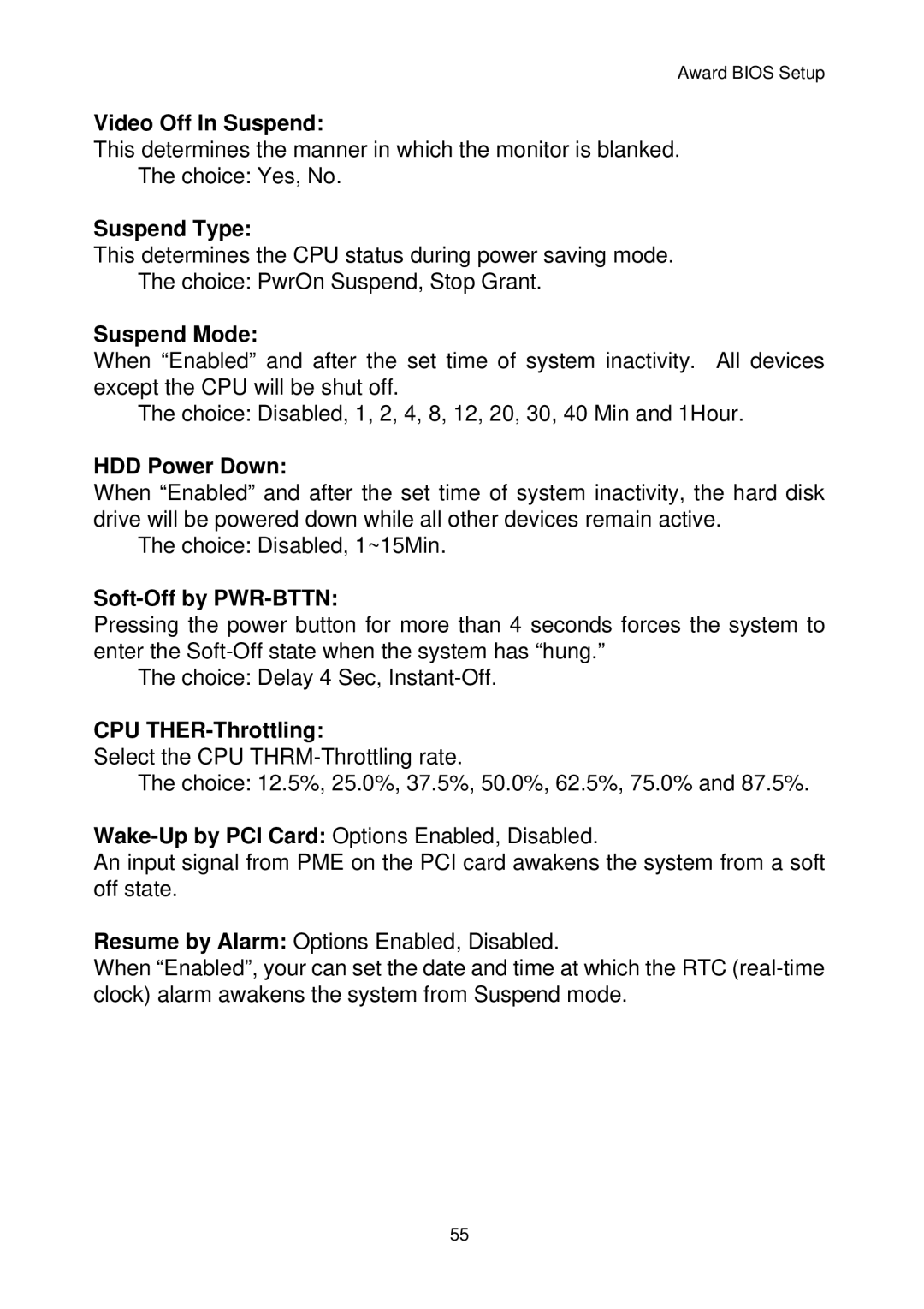 Intel IP-4MTS6B manual Video Off In Suspend, Suspend Type, Suspend Mode, HDD Power Down, Soft-Off by PWR-BTTN 